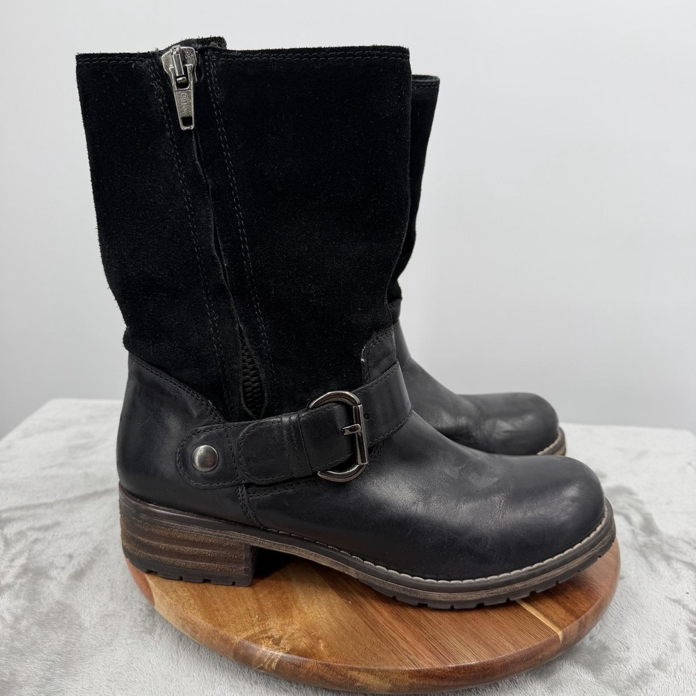 Clarks Boots Womens 8 Black Leather Suede Mid-Calf Biker Buckle Zipper Majorca
